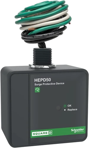 by Schneider Electric HEPD50 Universal Whole House Surge Protection Device, 1-Phase, 3-Wire + Ground for 120/240V, 50kA, Black by Schneider Electric HEPD50 Universal Whole House Surge Protection Device, 1-Phase, 3-Wire + Ground for 120/240V, 50kA, Black
