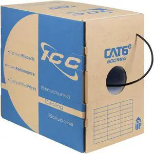 ICC Cat6e Riser 1000ft - UTP 23AWG  100% Solid Pure Copper  Unshielded CMR  Bulk Ethernet Cable  PoE++  600MHz  Reelex Pull Box  UL Certified  RoHS and TAA Compliant  Black