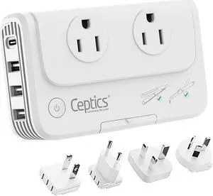 Ceptics 200 W Voltage Converter  Convert 220 V to 110V for Devices Like Curling Iron  Straightener  Chargers  Step Down World Power Plug - 4 USB Charging Fast QC 3.0 - EU/AU/UK/US Included
