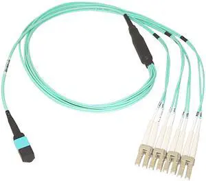 40/100 Gb MTP to 4 Duplex LC Breakout Cable, OM4 50/125, Plenum Rated - Aqua Blue, 16.5 FT (5 Meters) 40/100 Gb MTP to 4 Duplex LC Breakout Cable, OM4 50/125, Plenum Rated - Aqua Blue, 16.5 FT (5 Meters)