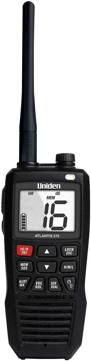 Atlantis 275 Handheld Two-Way VHF Marine Radio, Floating IPX8 Submersible Waterproof, Large Dual-Color Screen, 6-Watt, All USA/International/Canadian Marine Channels, NOAA Weather Alerts Atlantis 275 Handheld Two-Way VHF Marine Radio, Floating IPX8 Submersible Waterproof, Large Dual-Color Screen, 6-Watt, All USA/International/Canadian Marine Channels, NOAA Weather Alerts