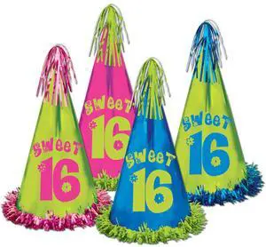 Glamorous Fringed Foil Sweet 16 Party Hats - Pack Of 12