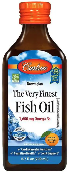 Carlson - The Very Finest Fish Oil, 1600 mg Omega-3s, Liquid Fish Oil Supplement, Norwegian Fish Oil, Wild-Caught, Sustainably Sourced Fish Oil Liquid, Orange, 6.7 Fl Oz