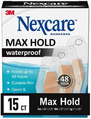 Nexcare Max Hold Waterproof Bandages, Stays On for 48 Hours, Flexible Bandages for Fingers, Knees and Heels - 15 Pack Clear Waterproof Bandages