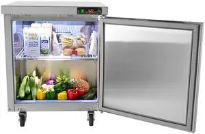 Vevor Commercial Refrigerator, 28" Undercounter Worktop Refrigerator, 7.4 Cu. Ft Thick Stainless Steel Refrigerated Food Prep Station Fan Cooling Single Door Worktop Fridge With Lock For Bar
