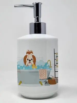 Red White Shih Tzu in Bathtub Ceramic Soap Dispenser Hand Soap Dispenser Pump Bottles for Bathroom Kitchen, Empty Refillable Liquid Soap Container Red White Shih Tzu in Bathtub Ceramic Soap Dispenser Hand Soap Dispenser Pump Bottles for Bathroom Kitchen, Empty Refillable Liquid Soap Container