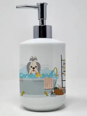 Silver White Shih Tzu in Bathtub Ceramic Soap Dispenser Hand Soap Dispenser Pump Bottles for Bathroom Kitchen, Empty Refillable Liquid Soap Container Silver White Shih Tzu in Bathtub Ceramic Soap Dispenser Hand Soap Dispenser Pump Bottles for Bathroom Kitchen, Empty Refillable Liquid Soap Container