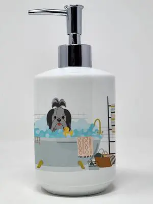 Black Silver Shih Tzu in Bathtub Ceramic Soap Dispenser Hand Soap Dispenser Pump Bottles for Bathroom Kitchen, Empty Refillable Liquid Soap Container Black Silver Shih Tzu in Bathtub Ceramic Soap Dispenser Hand Soap Dispenser Pump Bottles for Bathroom Kitchen, Empty Refillable Liquid Soap Container