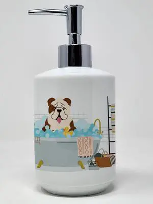 Brindle White English Bulldog in Bathtub Ceramic Soap Dispenser Hand Soap Dispenser Pump Bottles for Bathroom Kitchen, Empty Refillable Liquid Soap Container Brindle White English Bulldog in Bathtub Ceramic Soap Dispenser Hand Soap Dispenser Pump Bottles for Bathroom Kitchen, Empty Refillable Liquid Soap Container