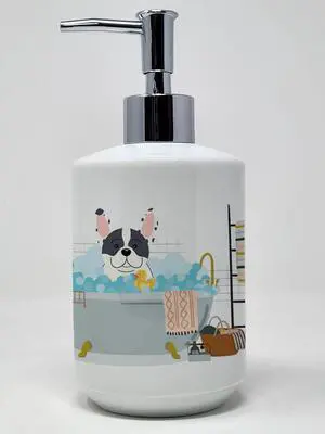 Piebald French Bulldog in Bathtub Ceramic Soap Dispenser Hand Soap Dispenser Pump Bottles for Bathroom Kitchen, Empty Refillable Liquid Soap Container Piebald French Bulldog in Bathtub Ceramic Soap Dispenser Hand Soap Dispenser Pump Bottles for Bathroom Kitchen, Empty Refillable Liquid Soap Container
