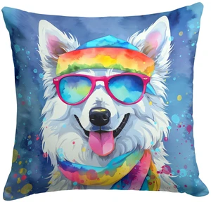 American Eskimo Hippie Dawg Throw Pillow Machine Washable, Indoor Outdoor Decorative Pillow for Couch, Bed or Patio, 18Hx18W American Eskimo Hippie Dawg Throw Pillow Machine Washable, Indoor Outdoor Decorative Pillow for Couch, Bed or Patio, 18Hx18W