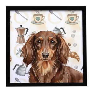 Longhaired Chocolate and Tan Dachshund Coffee Bar Framed Metal Print Bathroom, Kitchen, Office, Home Decor Wall Art Ready to Hang, Square, 8X8 Longhaired Chocolate and Tan Dachshund Coffee Bar Framed Metal Print Bathroom, Kitchen, Office, Home Decor Wall Art Ready to Hang, Square, 8X8