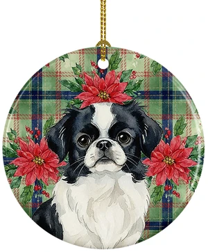 Black and White Japanese Chin Christmas PoinsettIas Ceramic Ornament Christmas Tree Hanging Decorations for Home Christmas Holiday, Party, Gift, 3 in, Multicolor Black and White Japanese Chin Christmas PoinsettIas Ceramic Ornament Christmas Tree Hanging Decorations for Home Christmas Holiday, Party, Gift, 3 in, Multicolor