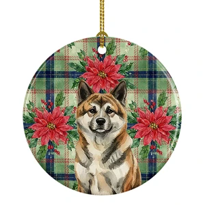 Brindle Akita Christmas PoinsettIas Ceramic Ornament Christmas Tree Hanging Decorations for Home Christmas Holiday, Party, Gift, 3 in, Multicolor Brindle Akita Christmas PoinsettIas Ceramic Ornament Christmas Tree Hanging Decorations for Home Christmas Holiday, Party, Gift, 3 in, Multicolor