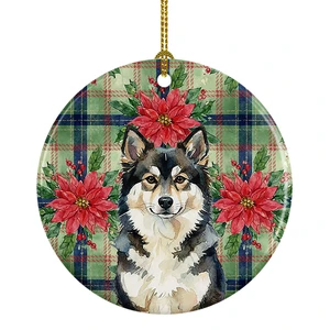 Finnish Lapphund Christmas PoinsettIas Ceramic Ornament Christmas Tree Hanging Decorations for Home Christmas Holiday, Party, Gift, 3 in, Multicolor Finnish Lapphund Christmas PoinsettIas Ceramic Ornament Christmas Tree Hanging Decorations for Home Christmas Holiday, Party, Gift, 3 in, Multicolor