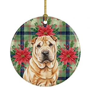 Red Shar Pei Christmas PoinsettIas Ceramic Ornament Christmas Tree Hanging Decorations for Home Christmas Holiday, Party, Gift, 3 in, Multicolor Red Shar Pei Christmas PoinsettIas Ceramic Ornament Christmas Tree Hanging Decorations for Home Christmas Holiday, Party, Gift, 3 in, Multicolor