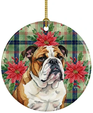 Brindle and White English Bulldog Christmas PoinsettIas Ceramic Ornament Christmas Tree Hanging Decorations for Home Christmas Holiday, Party, Gift, 3 in, Multicolor Brindle and White English Bulldog Christmas PoinsettIas Ceramic Ornament Christmas Tree Hanging Decorations for Home Christmas Holiday, Party, Gift, 3 in, Multicolor
