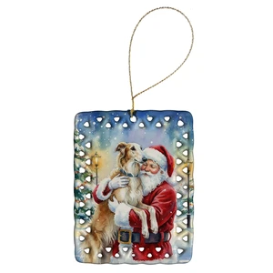 Borzoi/ with Santa Claus Porcelain Ornament Christmas Tree Hanging Decorations for Home Christmas Holiday, Rectangle, Gift, Multicolor Borzoi/ with Santa Claus Porcelain Ornament Christmas Tree Hanging Decorations for Home Christmas Holiday, Rectangle, Gift, Multicolor