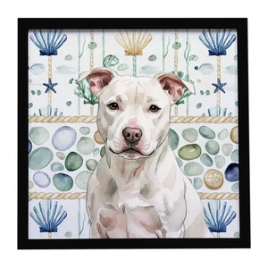 White Staffordshire Bull Terrier Coastal Sea Glass Framed Metal Print Bathroom, Kitchen, Office, Home Decor Wall Art Ready to Hang, Square, 8X8 White Staffordshire Bull Terrier Coastal Sea Glass Framed Metal Print Bathroom, Kitchen, Office, Home Decor Wall Art Ready to Hang, Square, 8X8