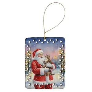 American Bobtail Cat with Santa Claus Porcelain Ornament Christmas Tree Hanging Decorations for Home Christmas Holiday, Rectangle, Gift, Multicolor American Bobtail Cat with Santa Claus Porcelain Ornament Christmas Tree Hanging Decorations for Home Christmas Holiday, Rectangle, Gift, Multicolor