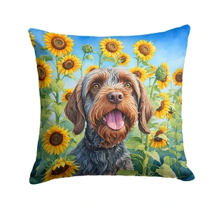 Wirehaired Pointing Griffon in Sunflowers Throw Pillow Machine Washable, Indoor Outdoor Decorative Pillow for Couch, Bed or Patio, 18Hx18W Wirehaired Pointing Griffon in Sunflowers Throw Pillow Machine Washable, Indoor Outdoor Decorative Pillow for Couch, Bed or Patio, 18Hx18W