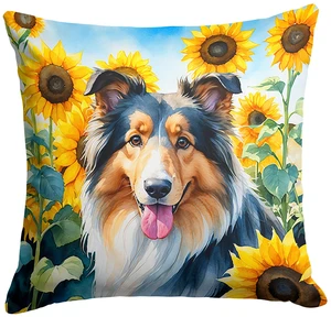 Collie in Sunflowers Throw Pillow Machine Washable, Indoor Outdoor Decorative Pillow for Couch, Bed or Patio, 18Hx18W Collie in Sunflowers Throw Pillow Machine Washable, Indoor Outdoor Decorative Pillow for Couch, Bed or Patio, 18Hx18W