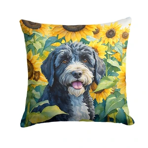 Portuguese Water Dog in Sunflowers Throw Pillow Machine Washable, Indoor Outdoor Decorative Pillow for Couch, Bed or Patio, 18Hx18W Portuguese Water Dog in Sunflowers Throw Pillow Machine Washable, Indoor Outdoor Decorative Pillow for Couch, Bed or Patio, 18Hx18W