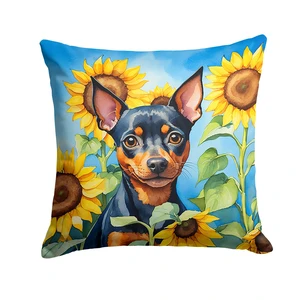 Miniature Pinscher in Sunflowers Throw Pillow Machine Washable, Indoor Outdoor Decorative Pillow for Couch, Bed or Patio, 18Hx18W Miniature Pinscher in Sunflowers Throw Pillow Machine Washable, Indoor Outdoor Decorative Pillow for Couch, Bed or Patio, 18Hx18W