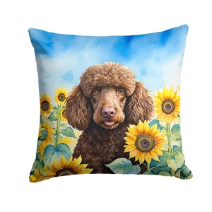 Chocolate Poodle in Sunflowers Throw Pillow Machine Washable, Indoor Outdoor Decorative Pillow for Couch, Bed or Patio, 18Hx18W Chocolate Poodle in Sunflowers Throw Pillow Machine Washable, Indoor Outdoor Decorative Pillow for Couch, Bed or Patio, 18Hx18W