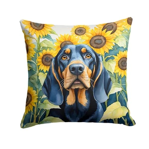 Black and Tan Coonhound in Sunflowers Throw Pillow Machine Washable, Indoor Outdoor Decorative Pillow for Couch, Bed or Patio, 18Hx18W Black and Tan Coonhound in Sunflowers Throw Pillow Machine Washable, Indoor Outdoor Decorative Pillow for Couch, Bed or Patio, 18Hx18W
