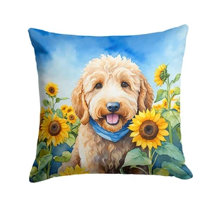 Goldendoodle in Sunflowers Throw Pillow Machine Washable, Indoor Outdoor Decorative Pillow for Couch, Bed or Patio, 18Hx18W Goldendoodle in Sunflowers Throw Pillow Machine Washable, Indoor Outdoor Decorative Pillow for Couch, Bed or Patio, 18Hx18W