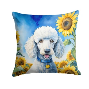 White Poodle in Sunflowers Throw Pillow Machine Washable, Indoor Outdoor Decorative Pillow for Couch, Bed or Patio, 18Hx18W White Poodle in Sunflowers Throw Pillow Machine Washable, Indoor Outdoor Decorative Pillow for Couch, Bed or Patio, 18Hx18W