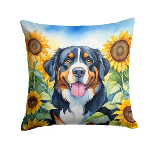 Bernese Mountain Dog in Sunflowers Throw Pillow Machine Washable, Indoor Outdoor Decorative Pillow for Couch, Bed or Patio, 18Hx18W Bernese Mountain Dog in Sunflowers Throw Pillow Machine Washable, Indoor Outdoor Decorative Pillow for Couch, Bed or Patio, 18Hx18W
