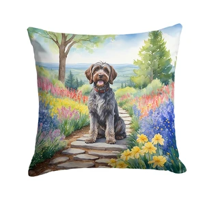 Wirehaired Pointing Griffon Spring Path Throw Pillow Machine Washable, Indoor Outdoor Decorative Pillow for Couch, Bed or Patio, 18Hx18W Wirehaired Pointing Griffon Spring Path Throw Pillow Machine Washable, Indoor Outdoor Decorative Pillow for Couch, Bed or Patio, 18Hx18W