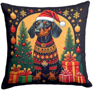 Black and Tan Dachshund Christmas Throw Pillow Machine Washable, Indoor Outdoor Decorative Pillow for Couch, Bed or Patio, 18Hx18W Black and Tan Dachshund Christmas Throw Pillow Machine Washable, Indoor Outdoor Decorative Pillow for Couch, Bed or Patio, 18Hx18W