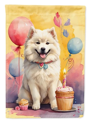 Samoyed Happy Birthday House Flag Large Porch Sleeve Pole Decorative Outside Yard Banner Artwork Wall Hanging, Polyester, House