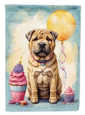 Shar Pei Happy Birthday Garden Flag Mailbox Flag Decorative Yard Flag Banner Outside Patio Artwork Yard Flower Beds, Garden Size