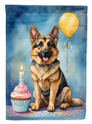 German Shepherd Happy Birthday House Flag Large Porch Sleeve Pole Decorative Outside Yard Banner Artwork Wall Hanging, Polyester