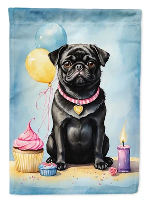 Black Pug Happy Birthday House Flag Large Porch Sleeve Pole Decorative Outside Yard Banner Artwork Wall Hanging, Polyester, Hous