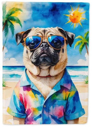 Pug Summer Beach Time House Flag Large Porch Sleeve Pole Decorative Outside Yard Banner Artwork Wall Hanging, Polyester, House S