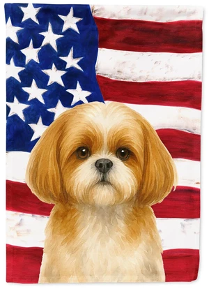 Gold and White Shih Tzu American Flag House Flag Large Porch Sleeve Pole Decorative Outside Yard Banner Artwork Wall Hanging, Po Gold and White Shih Tzu American Flag House Flag Large Porch Sleeve Pole Decorative Outside Yard Banner Artwork Wall Hanging, Po