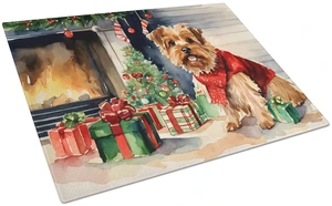 Norfolk Terrier Cozy Christmas Glass Cutting Board Decorative Tempered Glass Kitchen Cutting and Serving Board Large Size Choppi