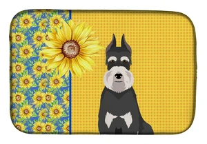 Summer Sunflowers Black and Silver Schnauzer Dish Drying Mat Absorbent Dish Drying Mat Pad for Kitchen Counter Dish Drainer Mat