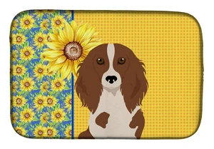Summer Sunflowers Longhair Red Pedbald Dachshund Dish Drying Mat Absorbent Dish Drying Mat Pad for Kitchen Counter Dish Drainer