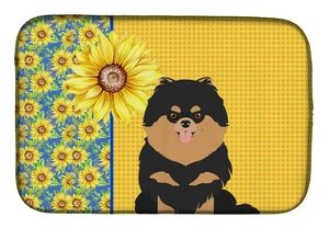 Summer Sunflowers Black and Tan Pomeranian Dish Drying Mat Absorbent Dish Drying Mat Pad for Kitchen Counter Dish Drainer Mat fo