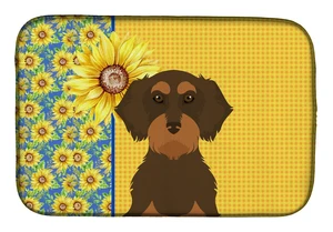 Summer Sunflowers Wirehair Chocolate and Tan Dachshund Dish Drying Mat Absorbent Dish Drying Mat Pad for Kitchen Counter Dish Dr