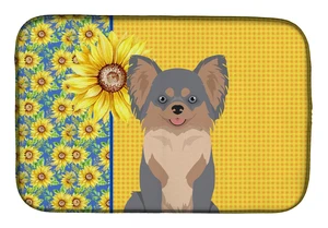 Summer Sunflowers Longhaired Blue and Tan Chihuahua Dish Drying Mat Absorbent Dish Drying Mat Pad for Kitchen Counter Dish Drain
