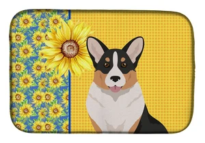 Summer Sunflowers Tricolor Cardigan Corgi Dish Drying Mat Absorbent Dish Drying Mat Pad for Kitchen Counter Dish Drainer Mat for