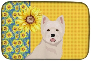 Summer Sunflowers Westie West Highland White Terrier Dish Drying Mat Absorbent Dish Drying Mat Pad for Kitchen Counter Dish Drai