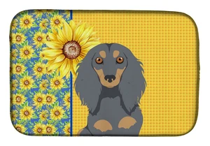 Summer Sunflowers Longhair Blue and Tan Dachshund Dish Drying Mat Absorbent Dish Drying Mat Pad for Kitchen Counter Dish Drainer